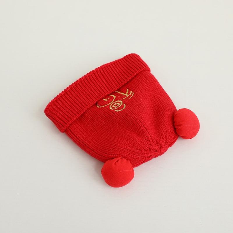 Red Knitted Hat Soft Baby Bonnet Cap Beanie Cap for Baby Infant Toddler Newborn Chinese Theme Winter Warm Hairball Hat
