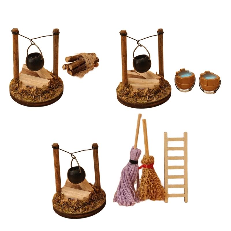 Miniature Pastoral Garden Scene Dollhouses Decoration Recreates Rural Country Life with Realistic Stove Firewood Mop