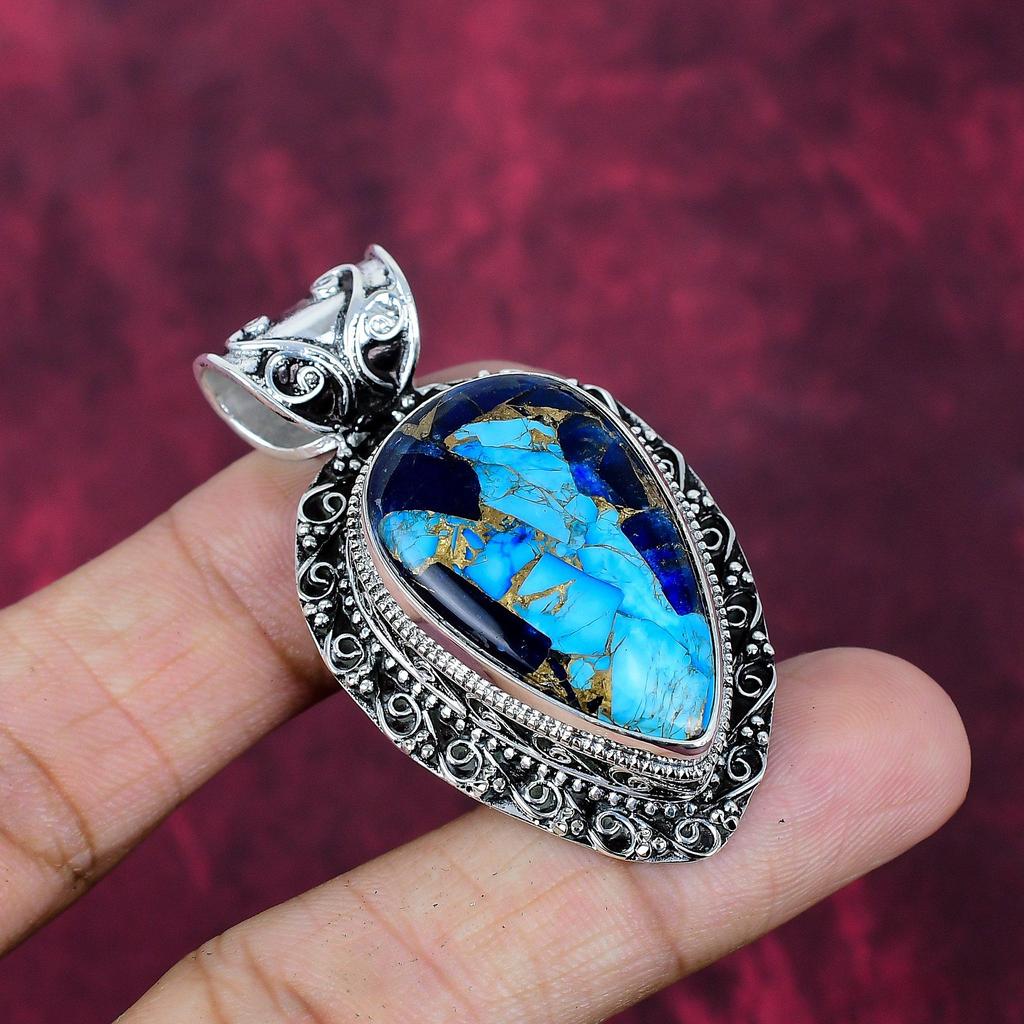 Copper Lapis Turquoise Handmade Gemstone Pendant, 925 Solid Sterling Silver Pendant Amazing Jewelry, Love Forever Gift