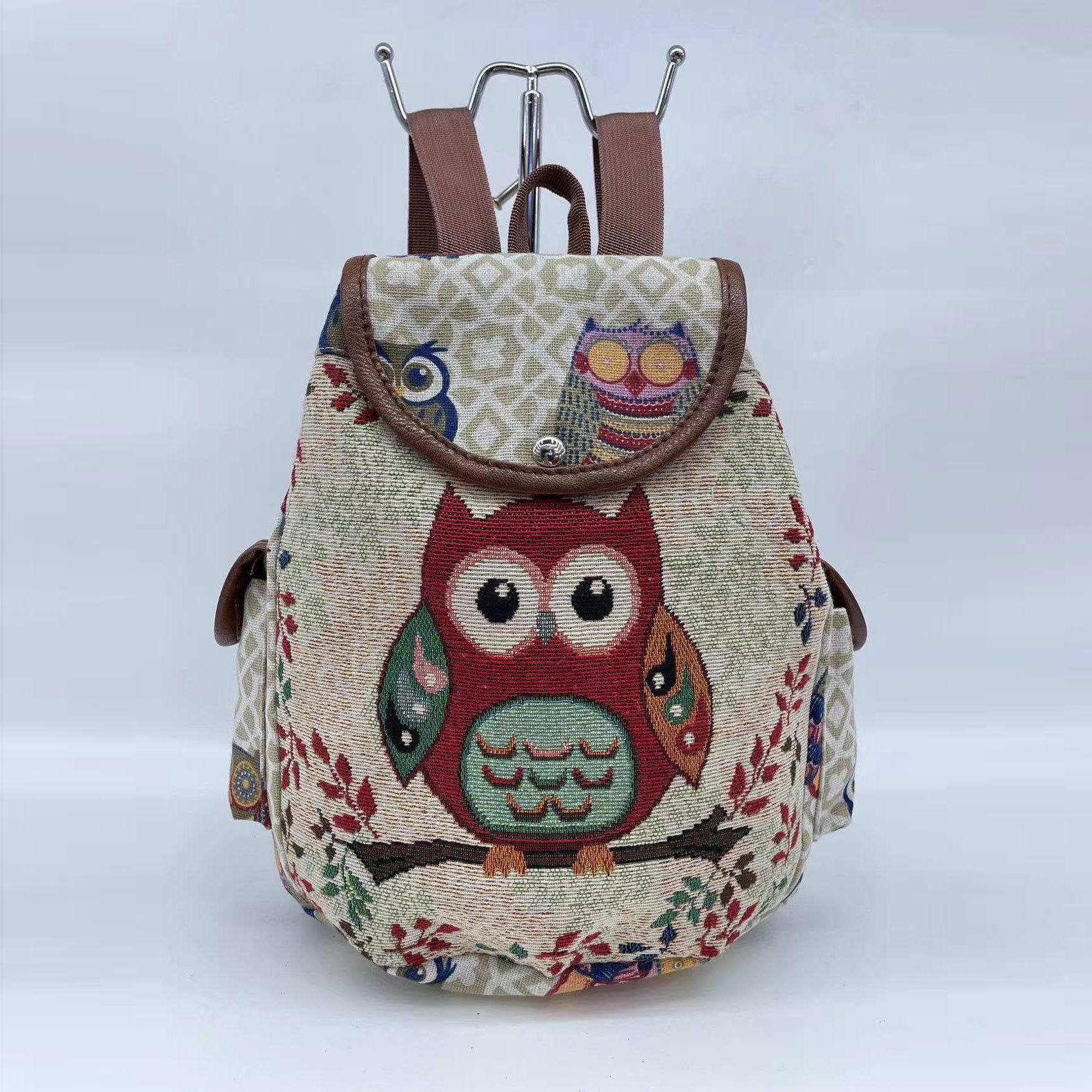 Women’s Owl Pattern Backpack Canvas Drawstring Rucksack Vintage Casual Travel School Bag