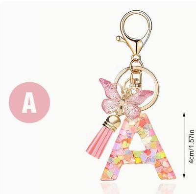 Glitter Resin 26 Letters Keychain with Butterfly Tassel for Women Gift
