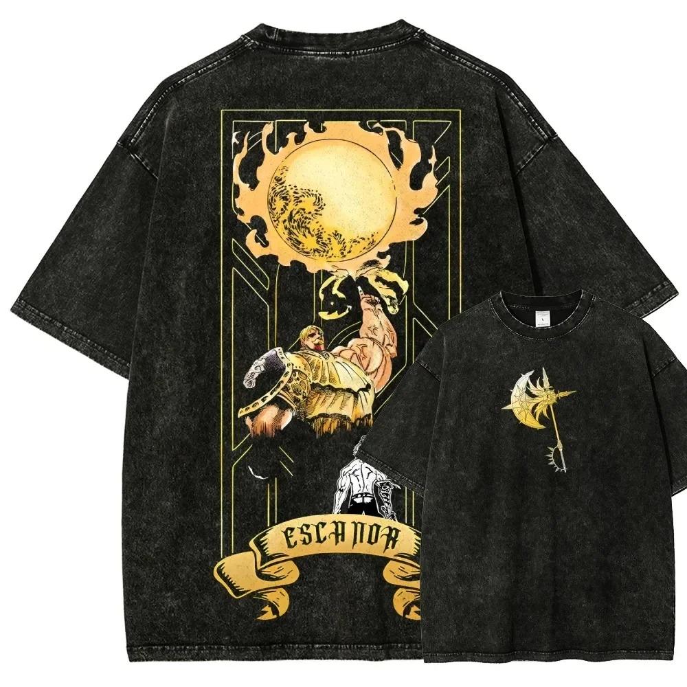 Personality Clothes Japan Hittebloed Anime Zeven Doodzonden Escanor Grafische Print T-shirt Mannen Vrouwen Mode Vintage Gewassen Katoen Tee Oversized Top L zwart
