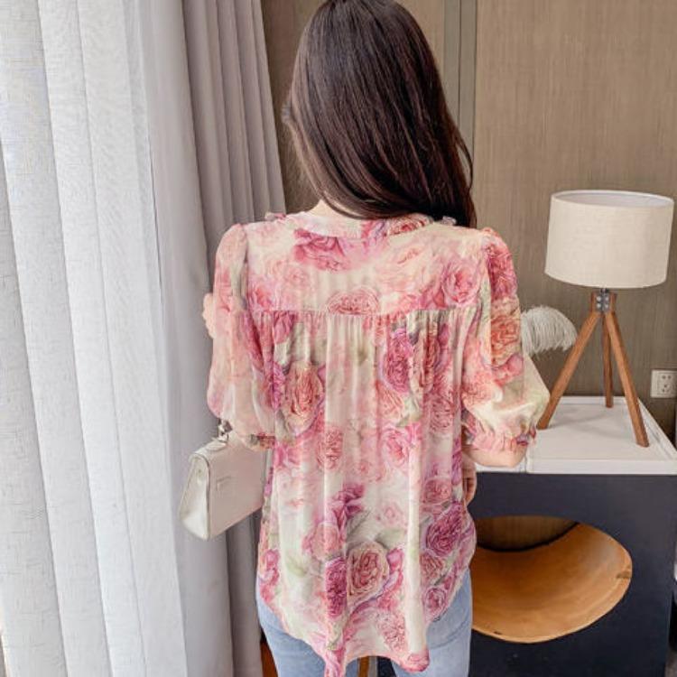 V-neck Floral Shirt for Women's Summer Stylish Ruffle Edges and Short Sleeves Pink Chiffon Top