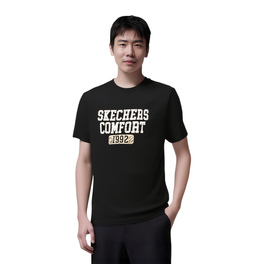 Skechers Sports League Round Neck Letter Print Straight Cut Short Sleeve T-Shirt Men Tops Black L224M095-0018