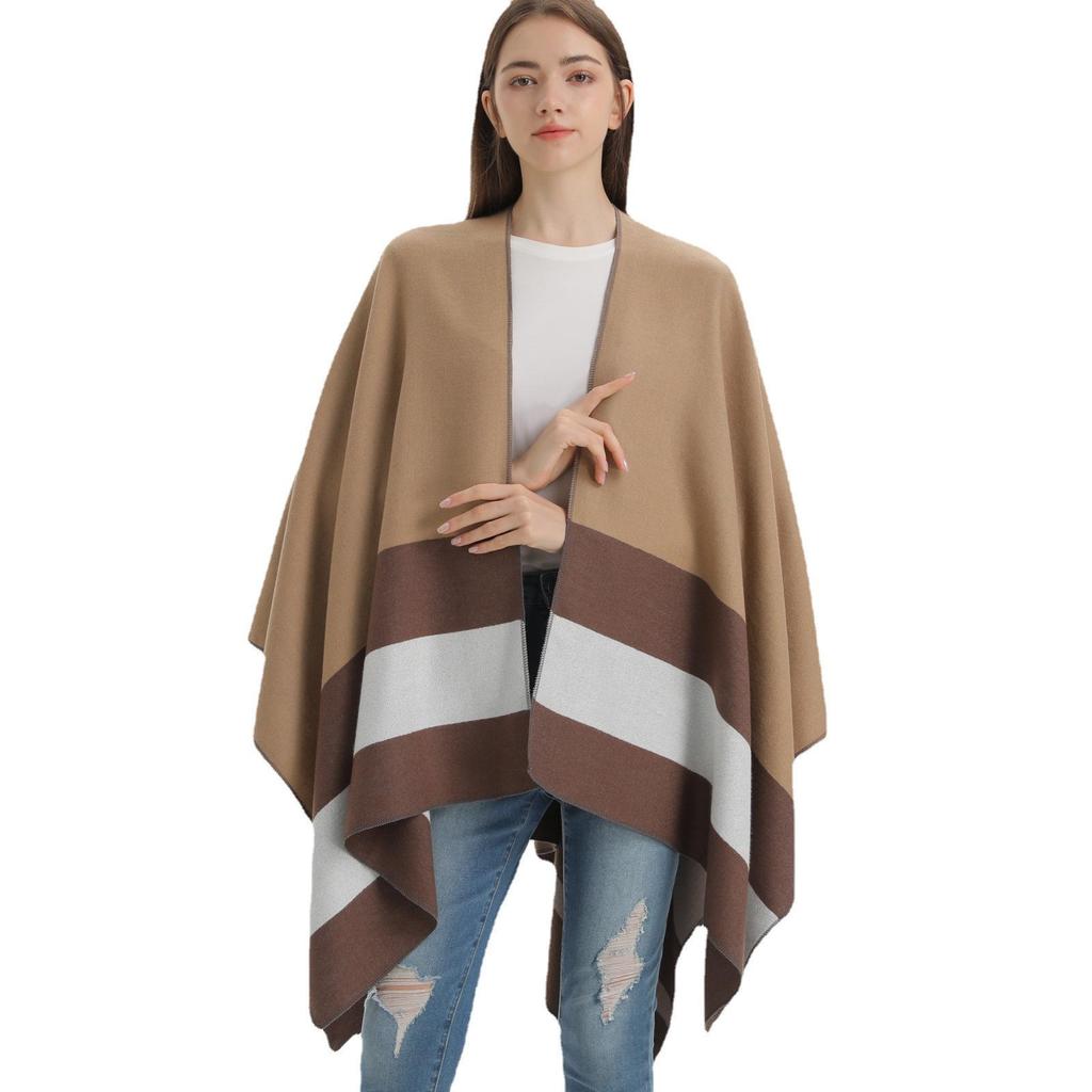 Stylish Striped Double-Sided Scarf Shawl: European & American Fashion Cape Women's Warm Outerwear Cardigan