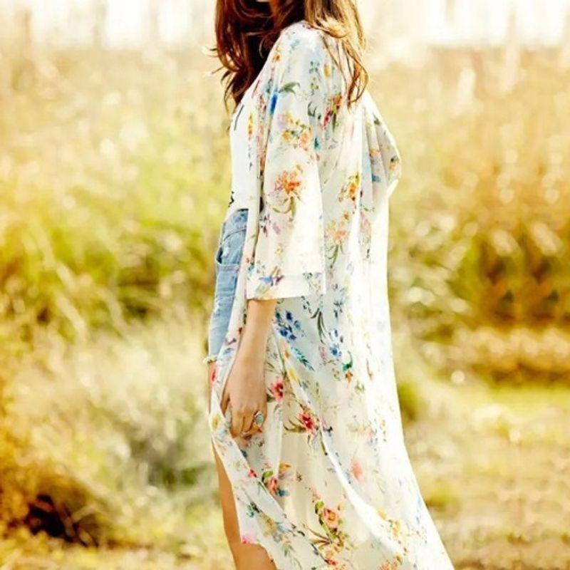 Plus Size Sweet Small Floral Print Half Sleeve Seaside Sun Protection Clothing
