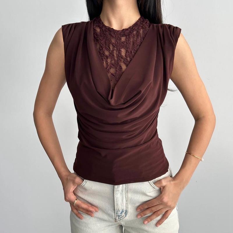 Women Fashion Lace Sheer Crew Neck Sleeveless Slim Fit Top S коричневый