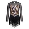 Children’s Latin Dance Competition Dress Leopard Print Fringe Long Sleeve Keyhole Back Mesh Patchwork Sparkling Rhinestone Tassel
