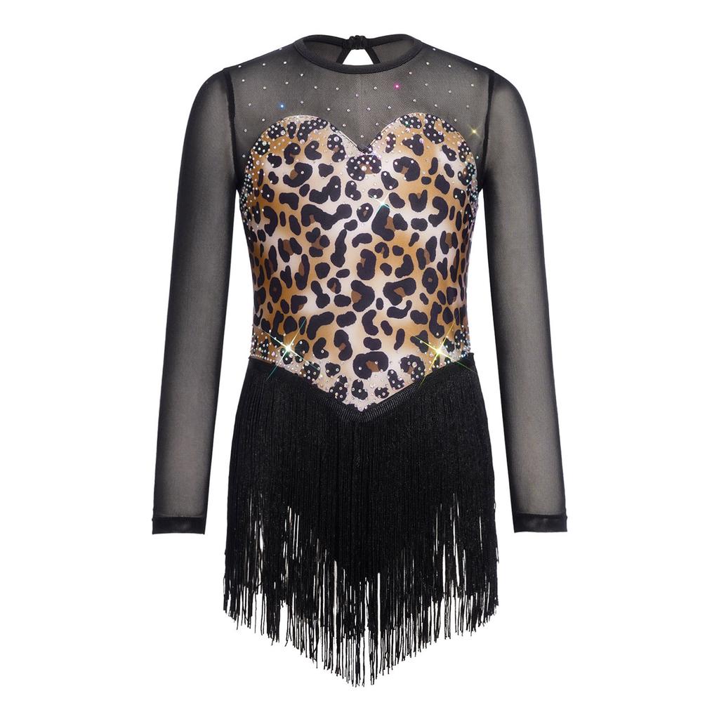 Children’s Latin Dance Competition Dress Leopard Print Fringe Long Sleeve Keyhole Back Mesh Patchwork Sparkling Rhinestone Tassel