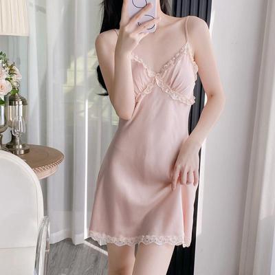 Women's Lace V-Neck Ice Silk Pajama Set with Chest Pads
