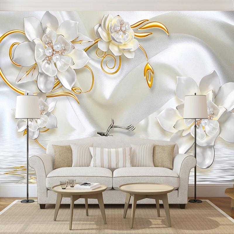 3d Wall Murals Luxury 3d Relief Deer White Pearl Jewelry Flower Large Wall Mural Living Room Bedroom Wallpaper