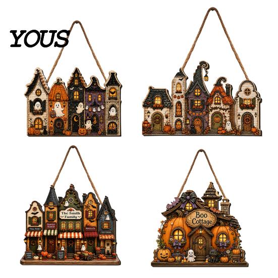 Autumnal Porch Decoration 2D Wooden Halloween Door Hanger Sign, Pumpkin Ghost Vintage Town Building Welcome Front Seasonal Wall Plaque with
