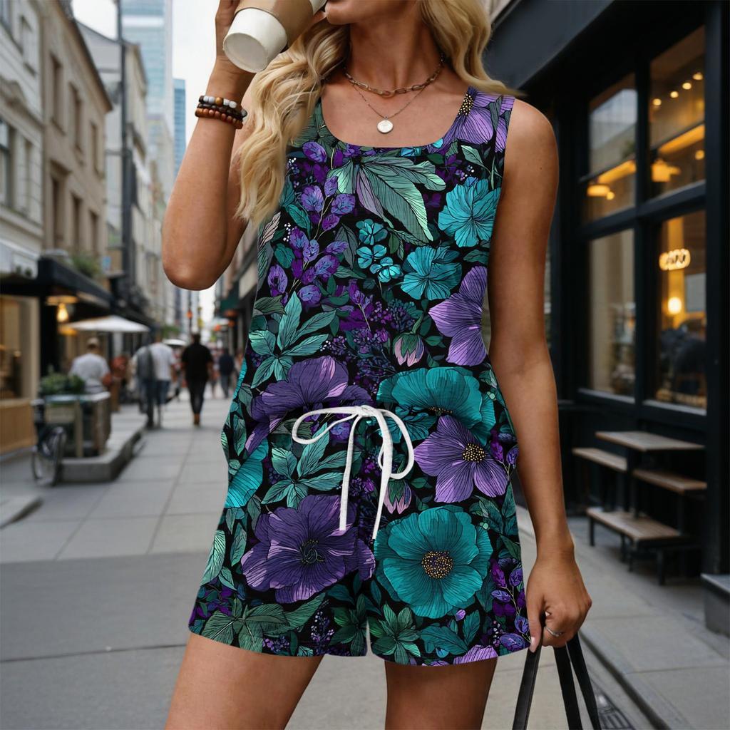 Women Summer Casual Two Piece Set Vintage Floral Print Sleeveless Tank Top Square Neck Sportswear with Pockets Shorts Lounge Outfit