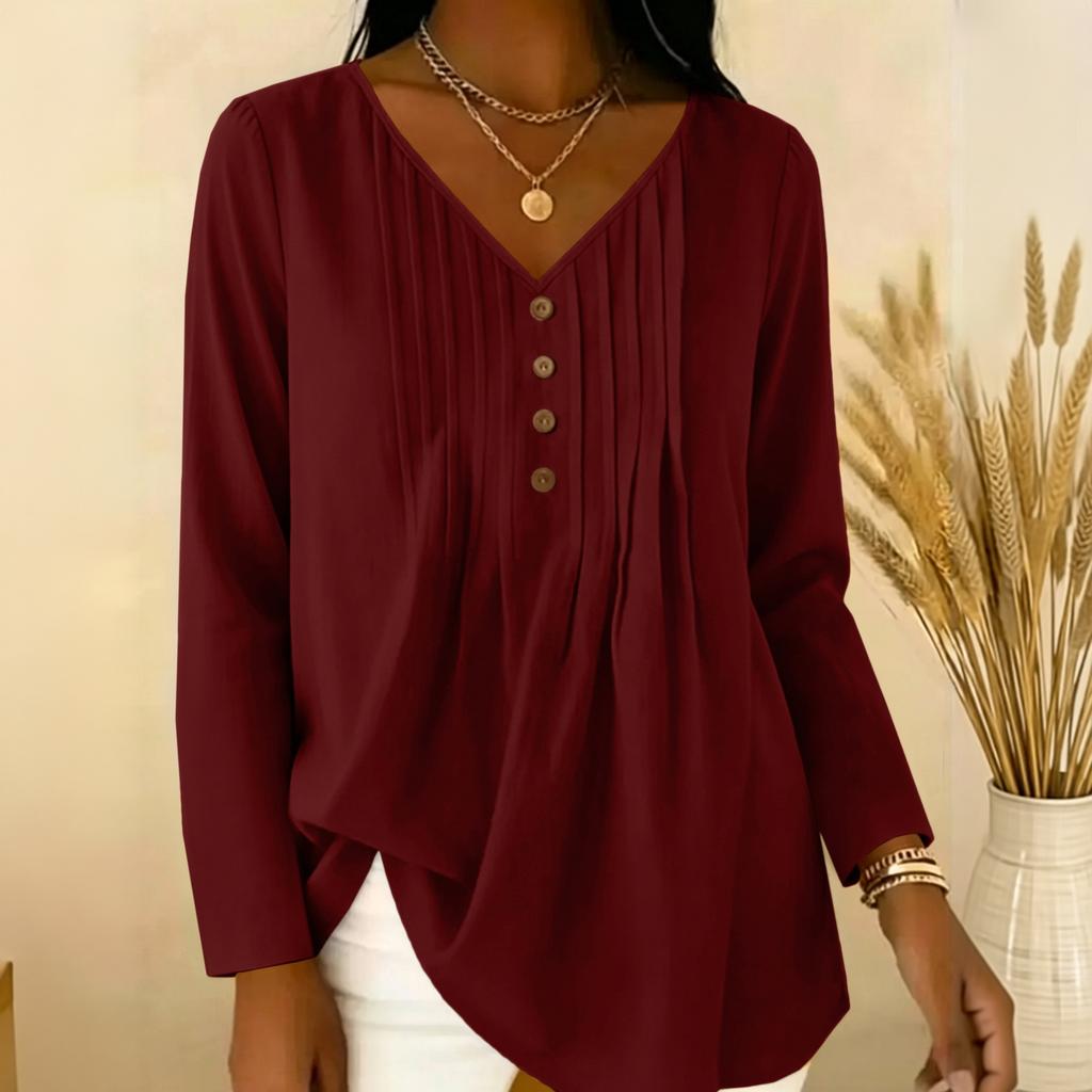 Women's Pleated V Neck Long Sleeve Blouse Button Detail Casual Lightweight Top for Work or Everyday Wear