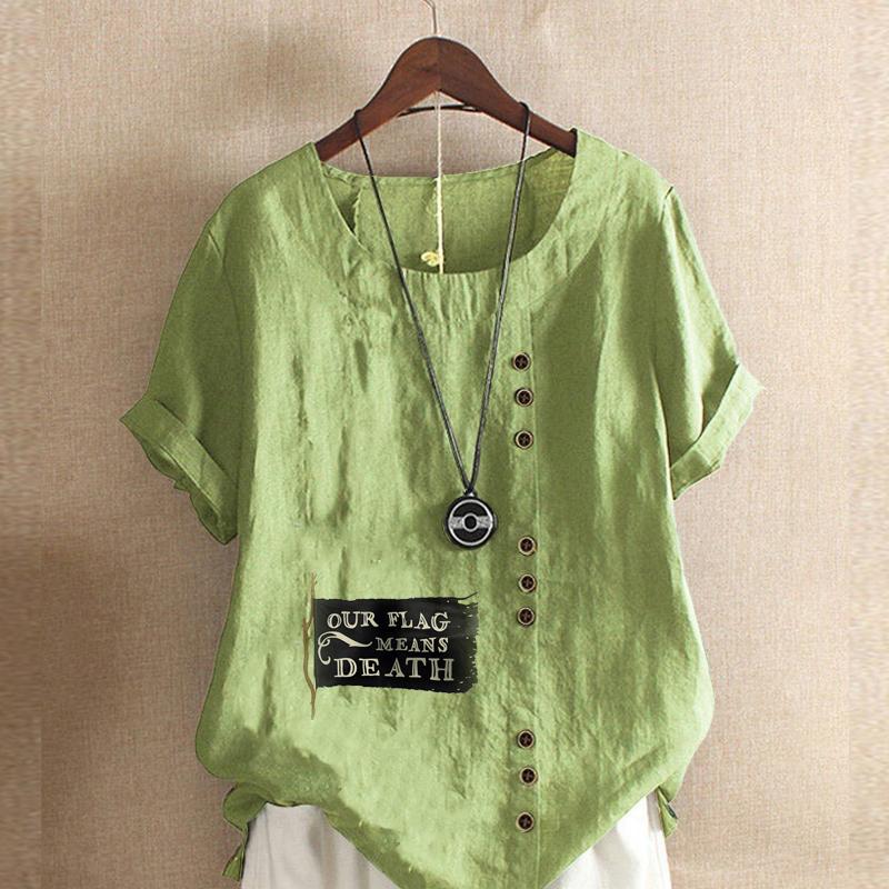 

Женская модная черная футболка с круглым вырезом и коротким рукавом с принтом и баннером, повседневная рубашка из хлопка и льна с графическим принтом, свободная летняя блузка для отдыха, топы 5XL зелёный