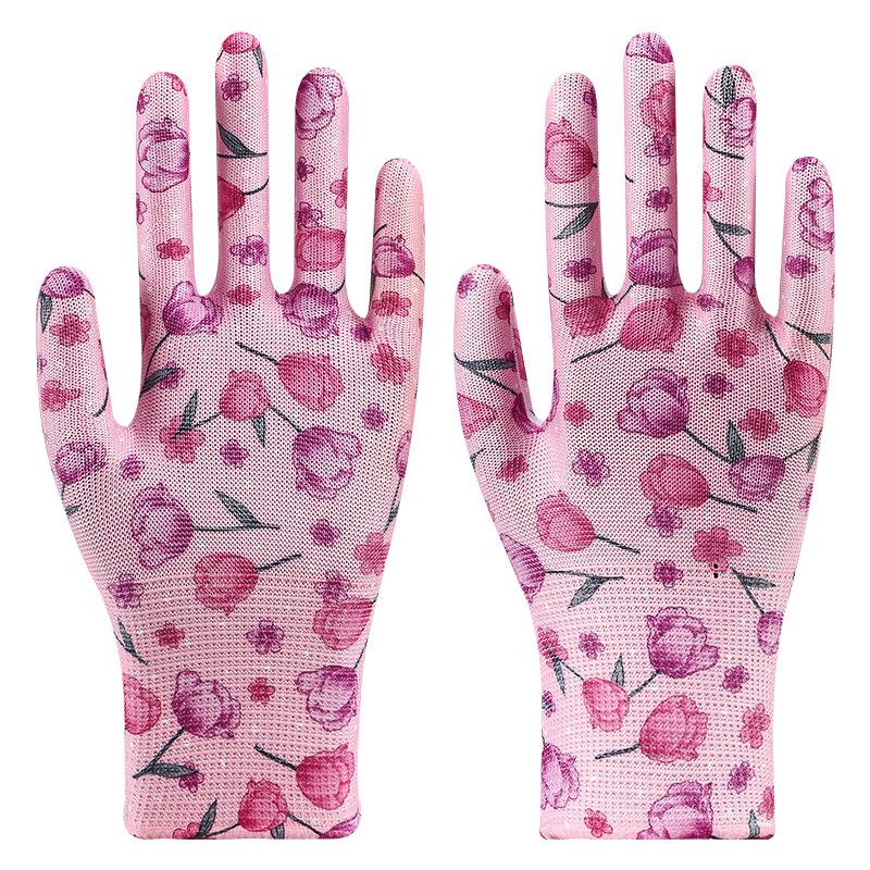 1 Pair Of Colorful Floral Pattern Nylon Gardening Gloves with Palm Coating