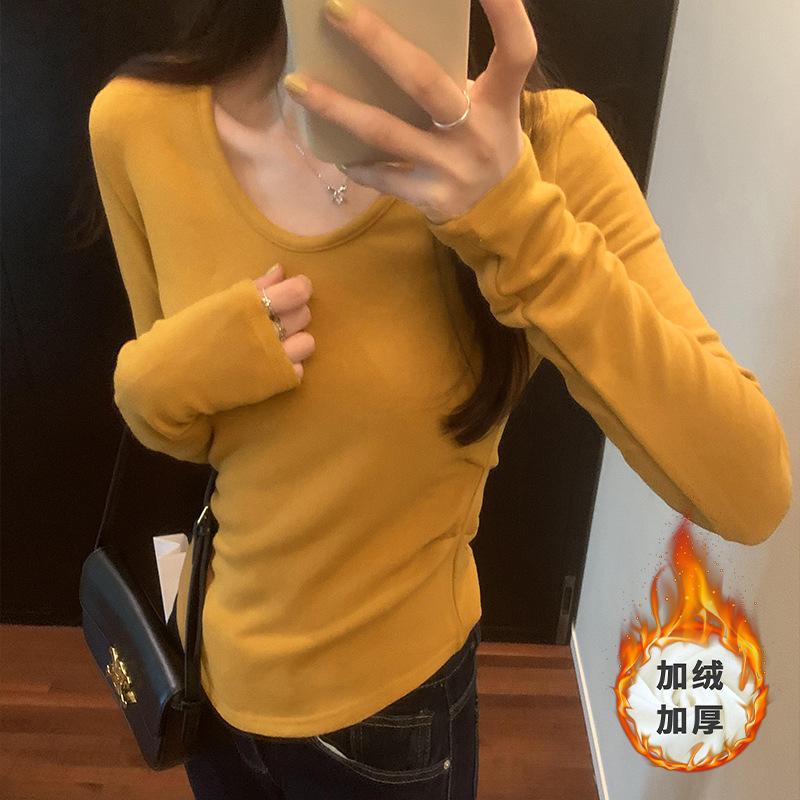 

Футболка с U-образным вырезом на правом плече, складками на талии, длинными рукавами для женщин на осень и зиму, новый стиль, закругленный подол с бархатной подкладкой XL