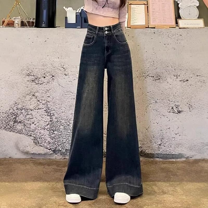 

2025 Women s Spring Nostalgic Blue Elastic High Waist Wide-Leg Jeans S синій