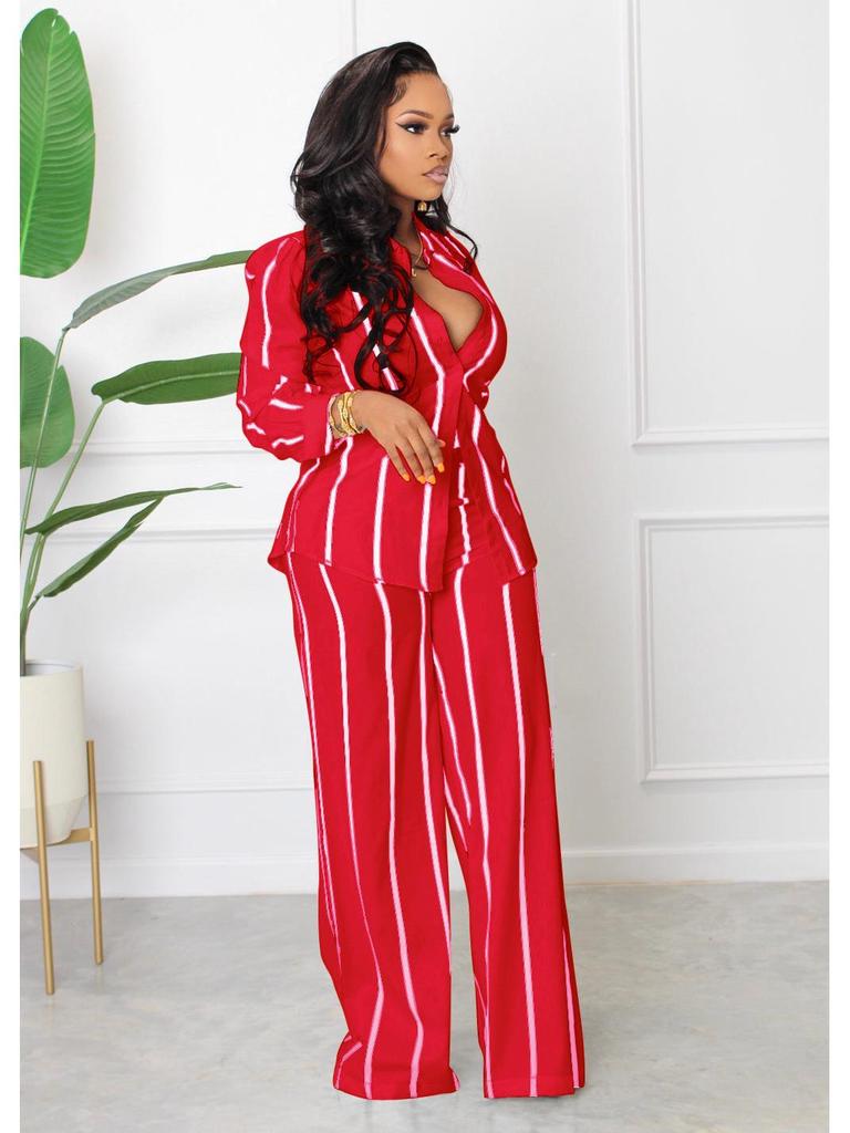 Women's Striped Printed Long-Sleeve Shirt Suit - Two-Piece Set