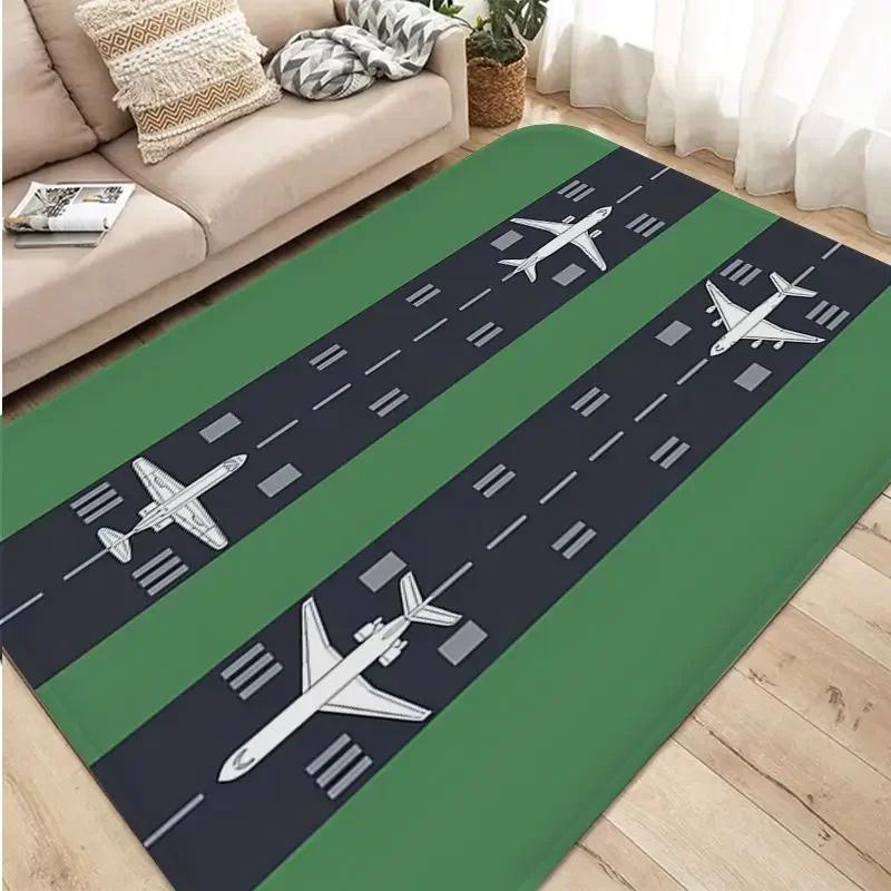 Airport Landing Strips Top Area Rugs View Aircraft and Airplane Arrival 3D Kids Play Carpet Living Room Playroom Nursery Decor