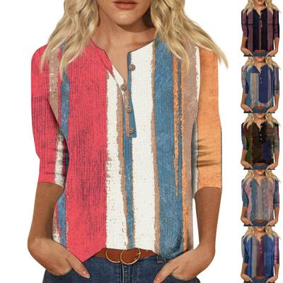Damesmode Casual Nieuwe Knop Ronde Hals 3/4 Mouw Losse Bedrukte T-Shirt Dames Top