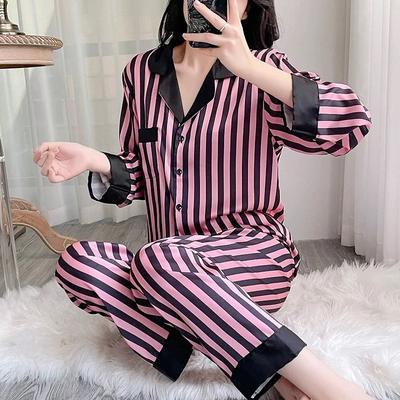 Pijamas Sexy para Mujer en Otoño e Invierno Manga Larga Temperamento Traje de Ropa de Casa para Mujer Cárdigan a Rayas Solapa