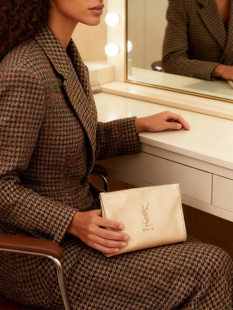 YSL - Beige Glänzende Make-up-Tasche - Kosmetiktasche aus Lackleder, Weich & Schick