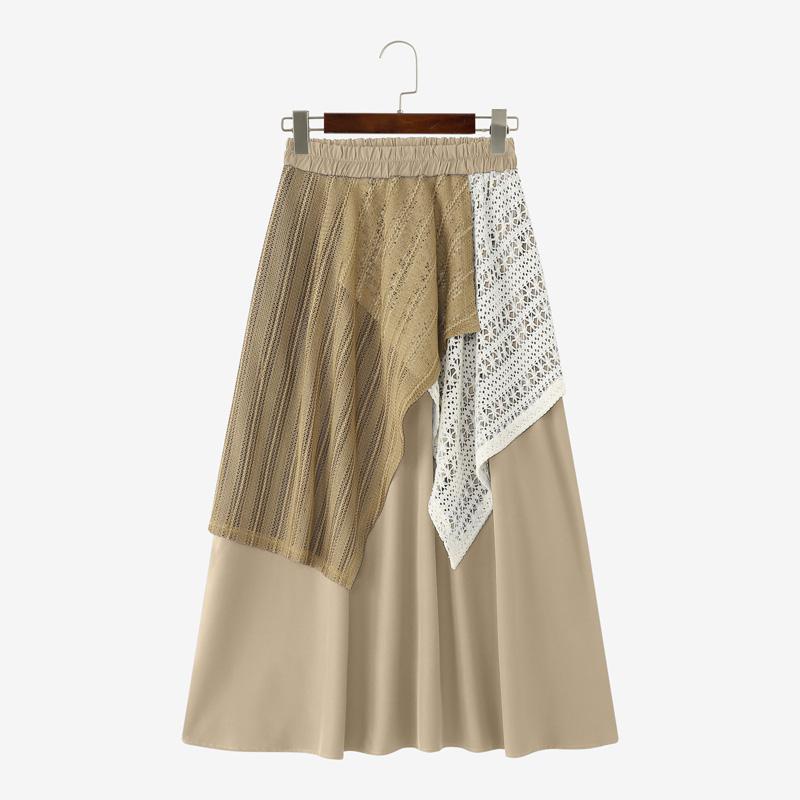 ZANZEA Damen Lässige Elastische Taille Lockere Häkel-Patchwork Lange Röcke