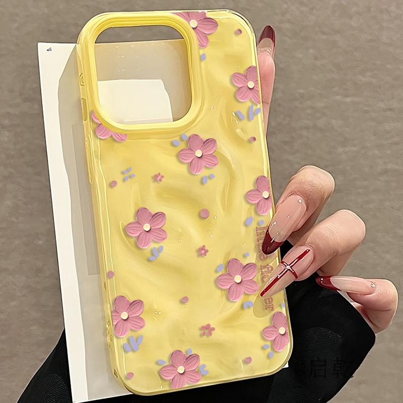 Elegant Pink Flower Phone Case For IPhone 17 Air 16 Plus 15 14 13 12 11 Pro Max Soft Silicone Wave Texture Protective INS Cover