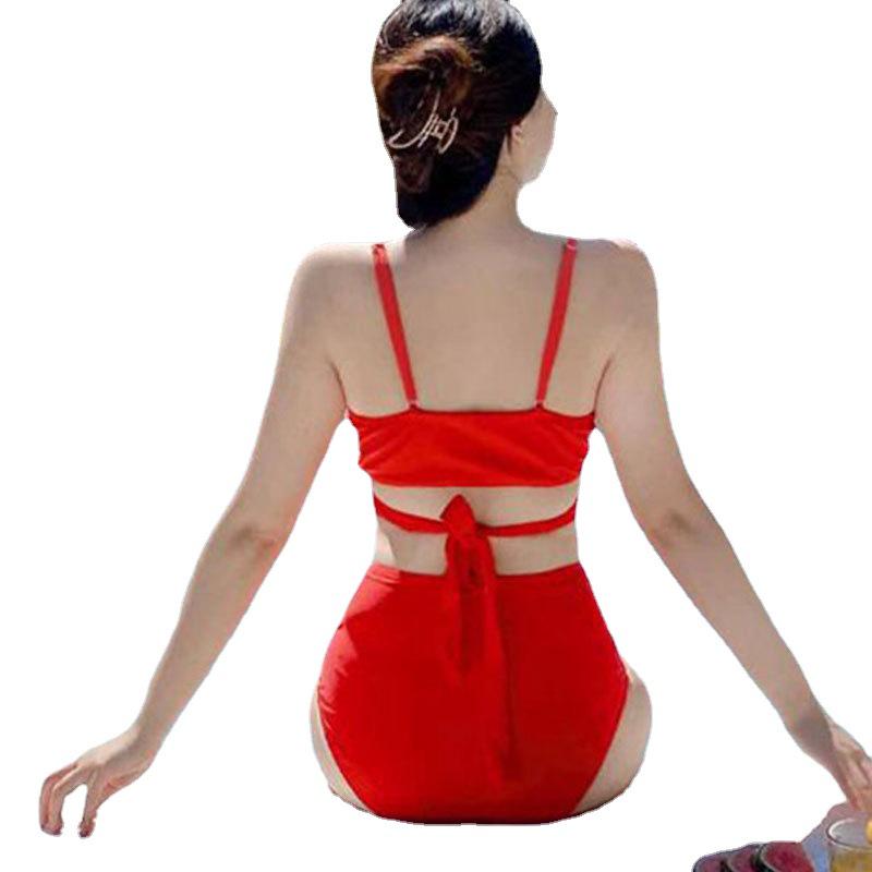 2023 Women's Solid Color Push-Up Bikini Set: Hard Cup Top & High Waist Bottoms