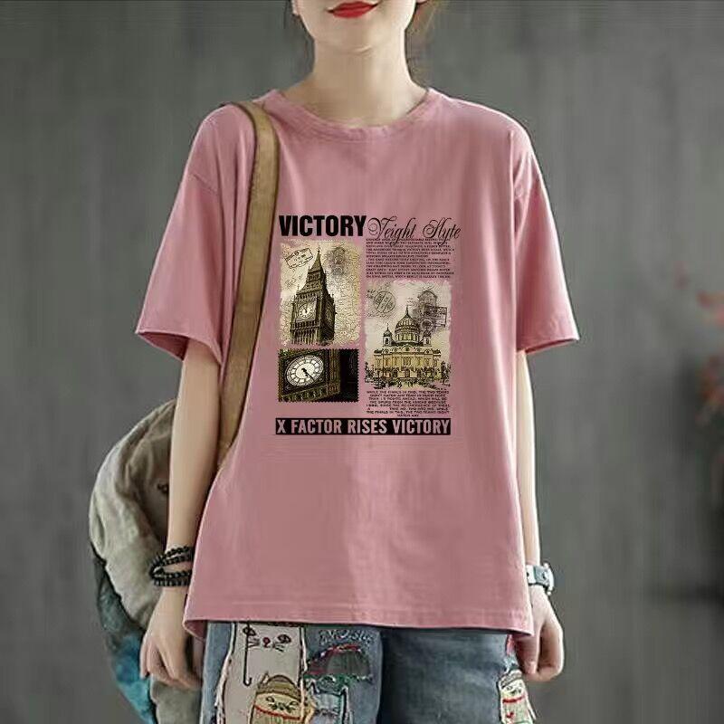 

Brand Discount Label Cutting Brand Counter Withdraw Big Sale Italy Artsy Loose Cotton Base Shirt Tops Summer T-shirt Women Rouge Powder [Time Building]] 2XL