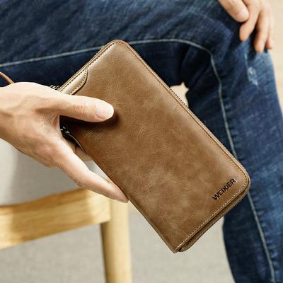 Dark Brown Mens Clutch Wallet Long Style Multi-Function Handbag Genuine Leather Business Phone Bag Zipper Closure Card Case//19.5/×2.5/×10Cm