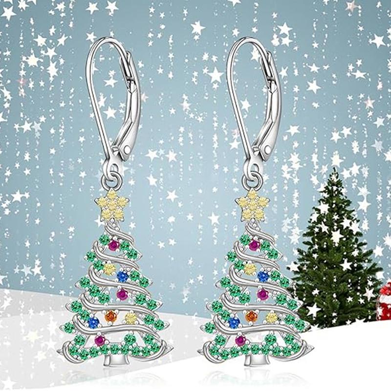 Huitan Exquisite Christmas Tree Pendant Earrings Female Party Accessories with Bright Zirconia Silver Color  for New Year