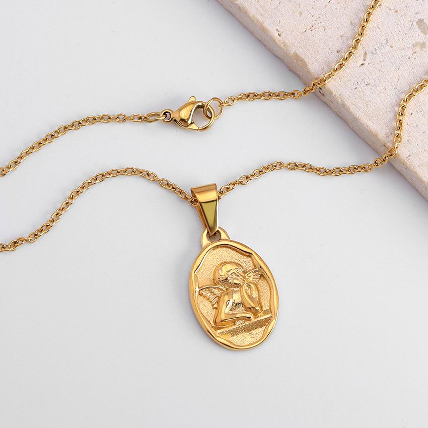 Classic Multi-Cute Angel Round Brand Coin Pendant Collarbone Stainless Steel Necklace