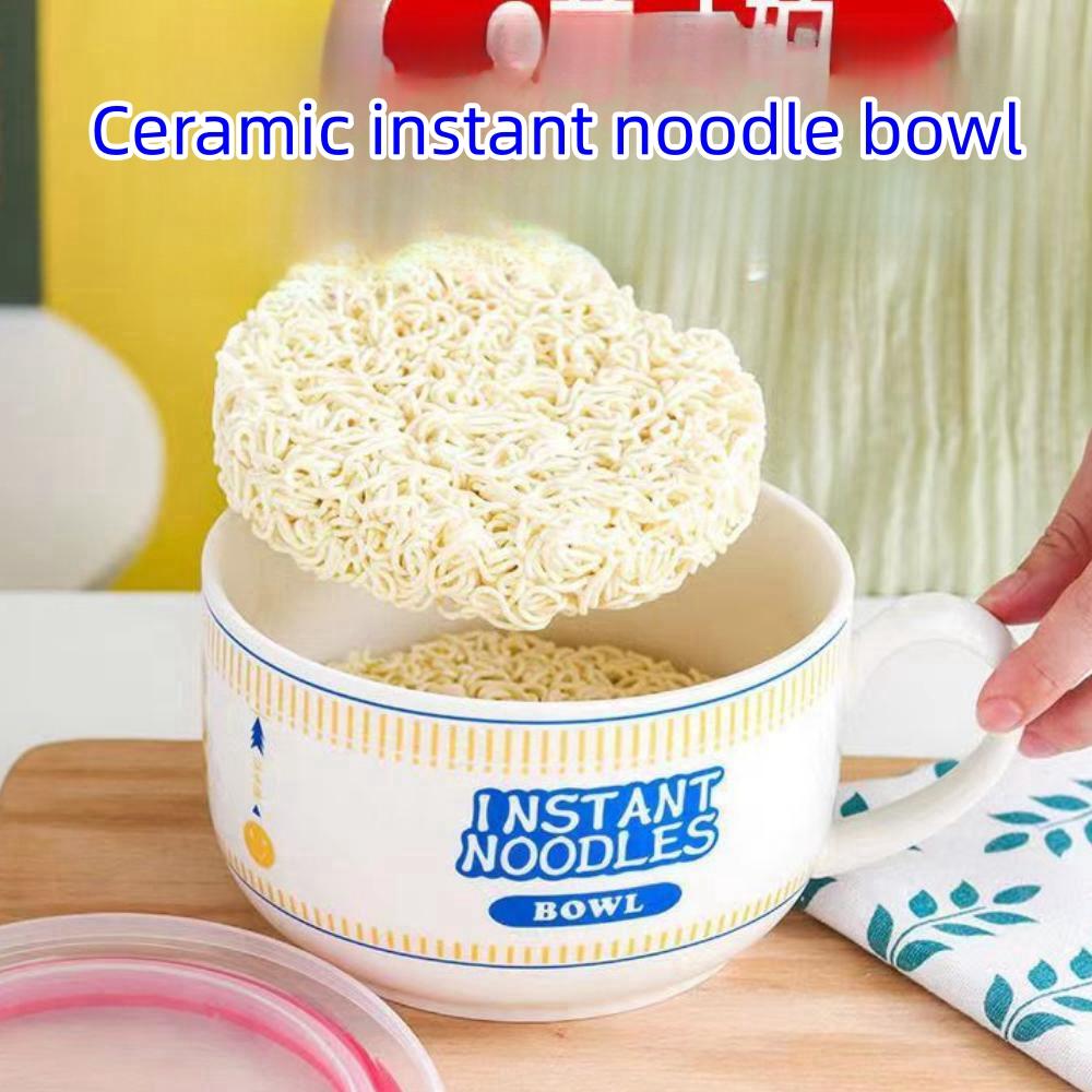 Ceramic Creative Large Capacity Ramen Bowl Soup Bowl with Lid Salad Bowl Kitchen Camping Supplies Two Sizes with Handles