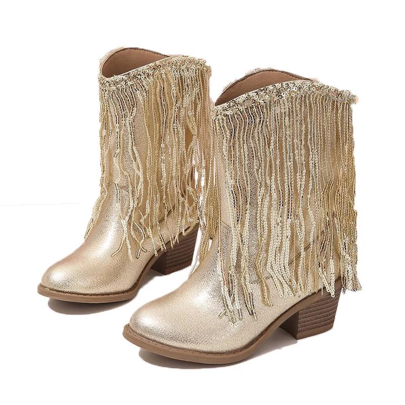 

Роскошные ковбойские сапоги с золотой бахромой из пайеток для девочек, осенние ботильоны до колена в западном стиле, детские премиального качества на каблуке с острым носком, слипоны, боты 35 (Inner22.8cm) золотой