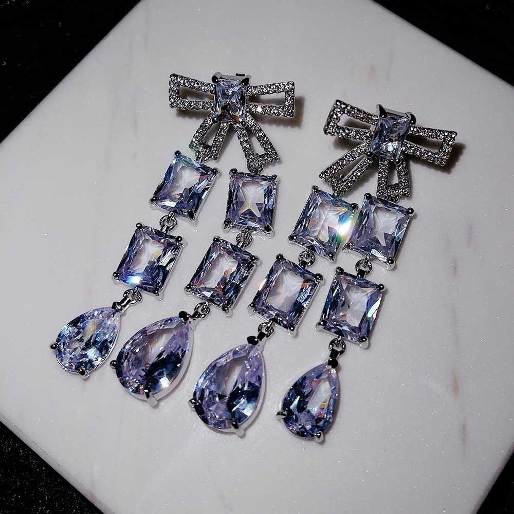 Luxury Commute Bow Drop Zirconia Full Diamond Earrings Long Dangle Earrings for Women
