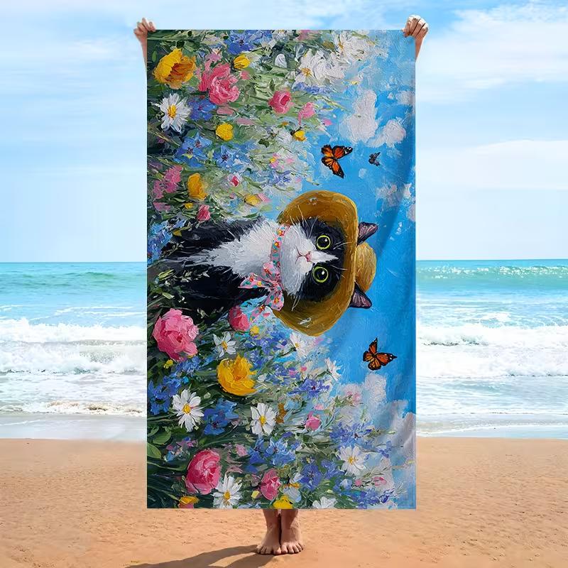 Schwarze Katze Blumenprint Strandtuch Schnelltrocknend Saugfähig Weiches Handtuch Für Sommerreisen Pool Yoga Camping