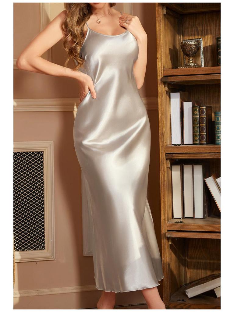 Yaoting Women's Ice Silk Pajamas - Long Sexy Camisole Nightgown for Summer and Autumn