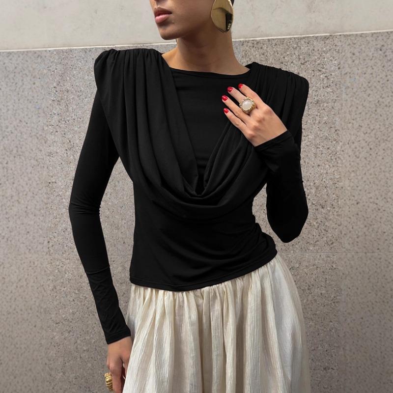 Elegant Draped Long Sleeve Knit T Shirt Women Slim Fit S чёрный