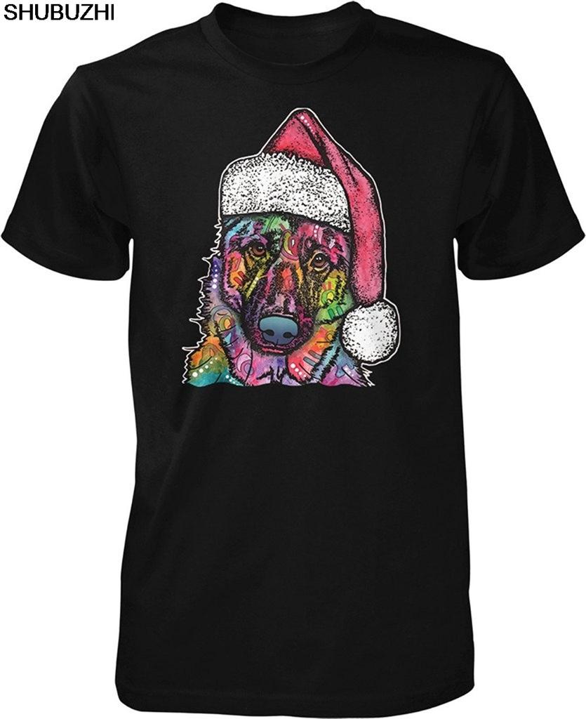 Cotton Summer Tshirts For Unisex Fashion Unisexs Cotton T Shirts Christmas Dog Gerunisex Shepherd Dog Wearing Santa Hat Unisexs Tshirt