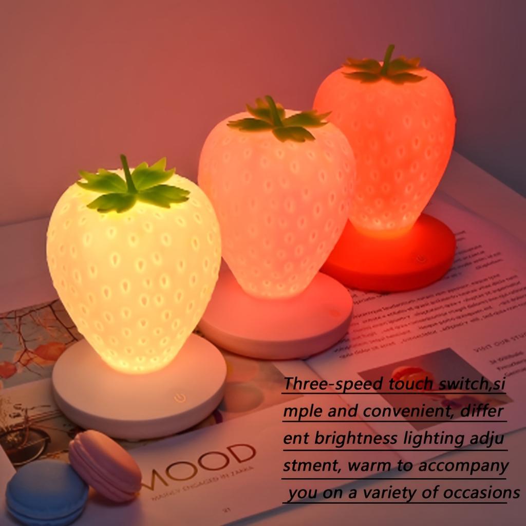 USB Rechargeable Strawberry Night Light Touch Controlled LED Bedside Lamp with Adjustable Brightness Multi Color Ambient Lighting Modern Plastic Fruit