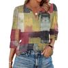 Women's Casual V Neck Loose Fit Three Quarter Sleeve Top with Button Detail on Sleeve and Patchwork Pattern Suitable for Everyday Wear