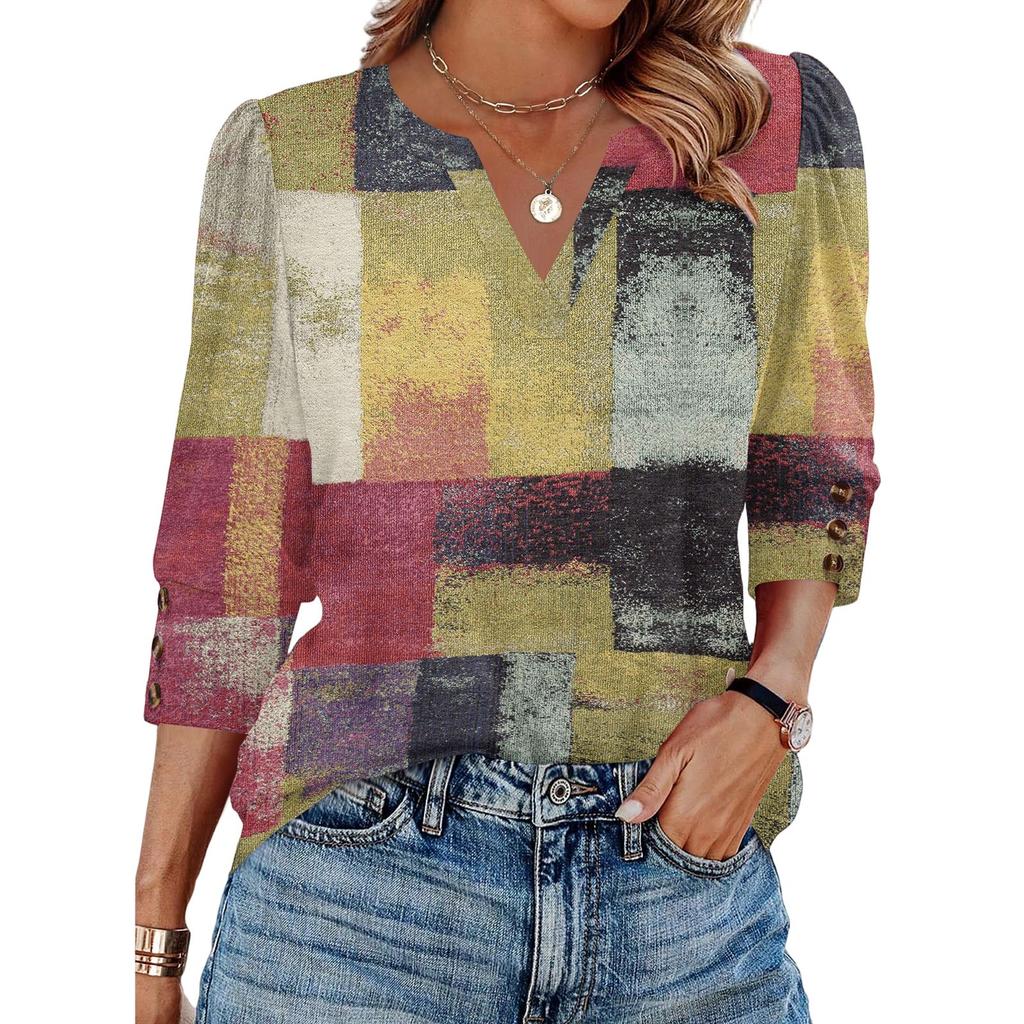 Women's Casual V Neck Loose Fit Three Quarter Sleeve Top with Button Detail on Sleeve and Patchwork Pattern Suitable for Everyday Wear