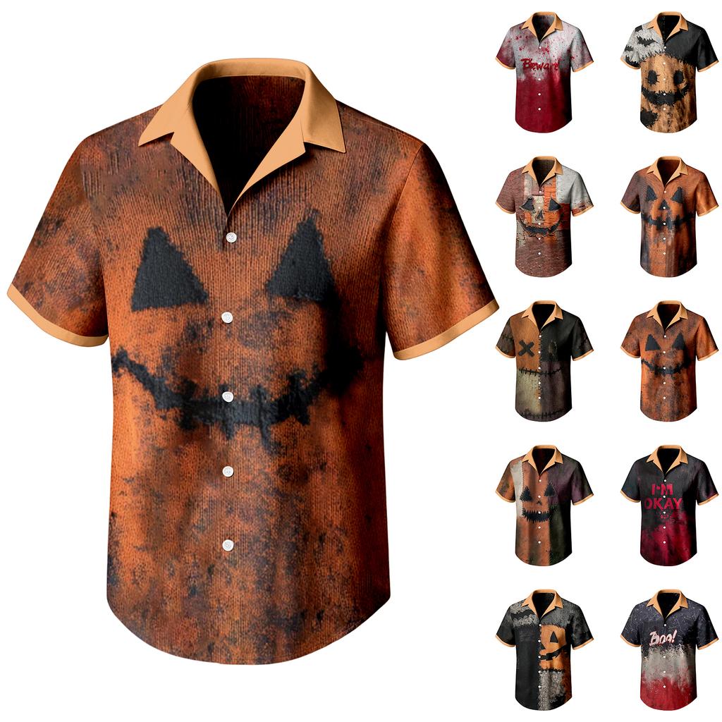 Men's Casual Short Sleeve Halloween Print Shirt