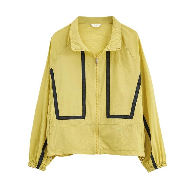 Herbst Damen Sonnenbekleidung Revers Gestreiftes Splicing Locker Langärmlig Reißverschluss Dünne Jacke