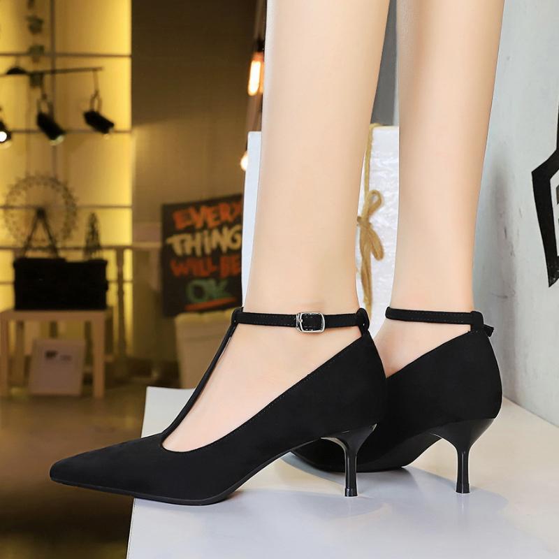 French Style Pointed Toe High Heels Thin Heels Shallow Mouth Suede One-Line Buckle Mid-Heel Pedicure Single Shoes For Women