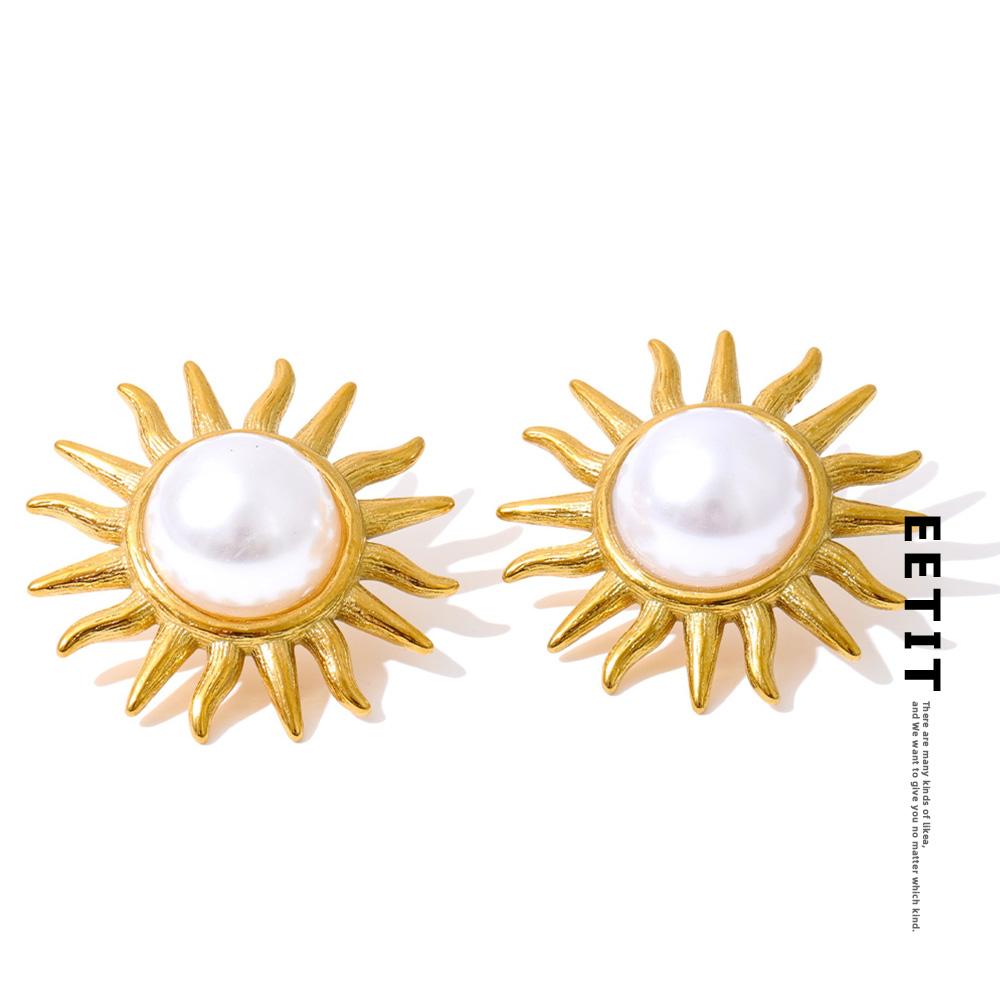 Eetit Stainless Steel Simulated Pearls Sun Stud Earrings 18K Golden PVD Plated Trending Statement Jewelry Gift Prevent Allergy
