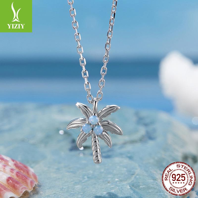 925 Sterling Silver Platinum Plated, New Coconut Tree Necklace Opal Necklace Women'S Light Luxury Niche Exquisite Jewelry Cross-Border