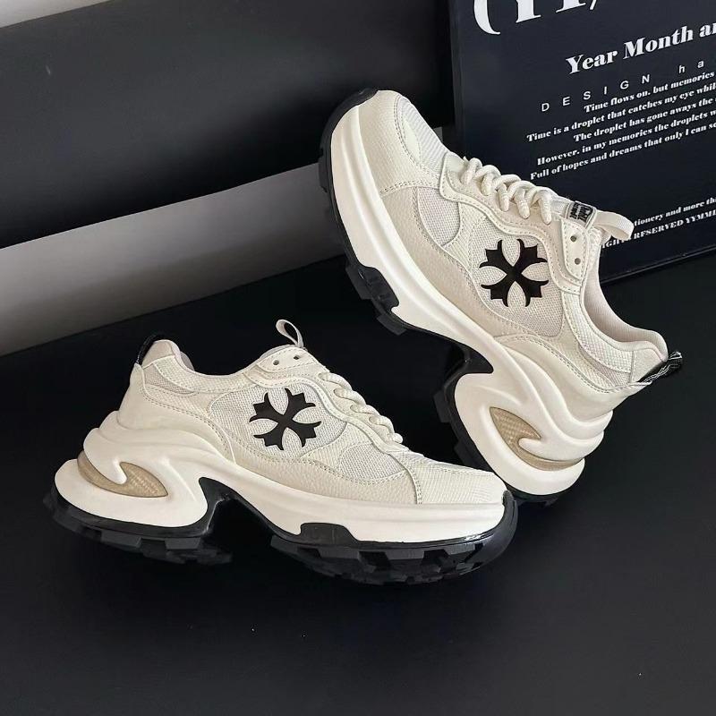 

Cross flower platform dad shoes women s spring leather height increase 7.5cm versatile sports and leisure shoes 35 бежевый
